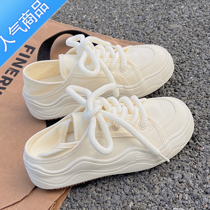 SUNTEK帆布鞋女半拖两穿夏季小白鞋2023新款小众原创休闲运动百鞋高清大图