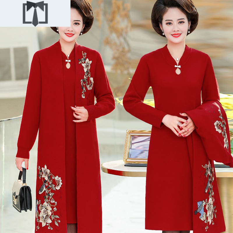 SUNTEK婚礼服妈妈秋冬外套本命年红加厚毛衣中老年大码旗袍连衣裙两件套毛衣