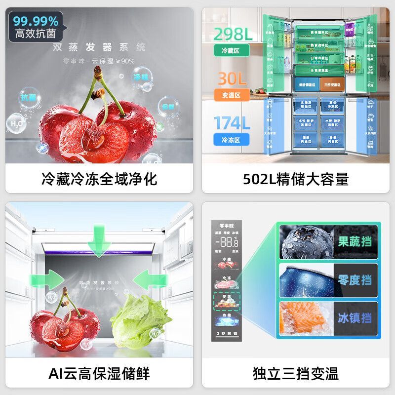 美菱(MeiLing)[双系统]零嵌冰箱家用502升十字四门超薄底部散热 无霜白色玻璃门嵌入式电冰箱 BCD-502WP