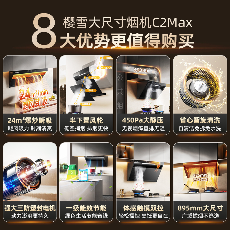 樱雪(INSE)抽油烟机超薄平嵌侧吸式家用厨房烟机23m³大吸力挥手智控自清洗吸油烟机CXW-280-251C2 Max高清大图