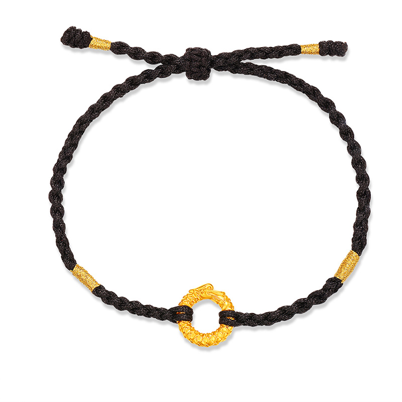 老庙足金硬金龙凤吉祥黄金平安扣吊坠编绳手链情侣男女款