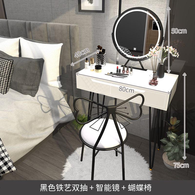 轻奢梳妆台卧室北欧现代简约化妆桌小智能镜收纳柜一体 组装_黑铁艺80双抽智能镜+蝴蝶椅