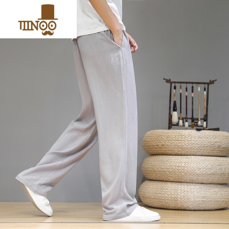 YANXU棉麻休闲裤男中国风夏季薄款宽松直筒阔腿裤亚麻透气休闲日系长裤高清大图
