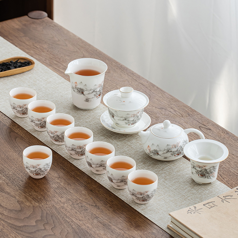 金镶玉 功夫茶具整套装 陶瓷茶壶杯送人礼品盒高档羊脂玉白瓷 胜境