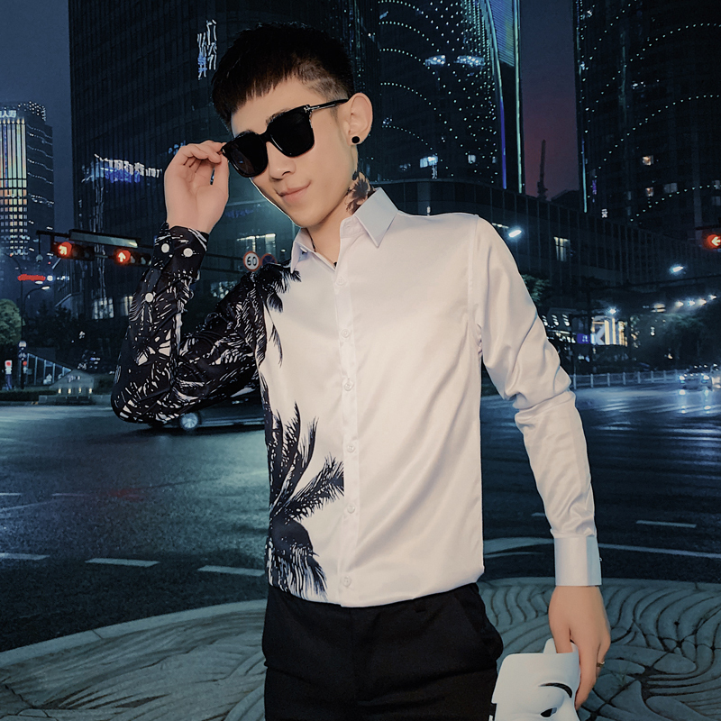 baluoshang长袖衬衫男修身拼色印花衬衣加绒精神小伙帅气韩版休闲发型