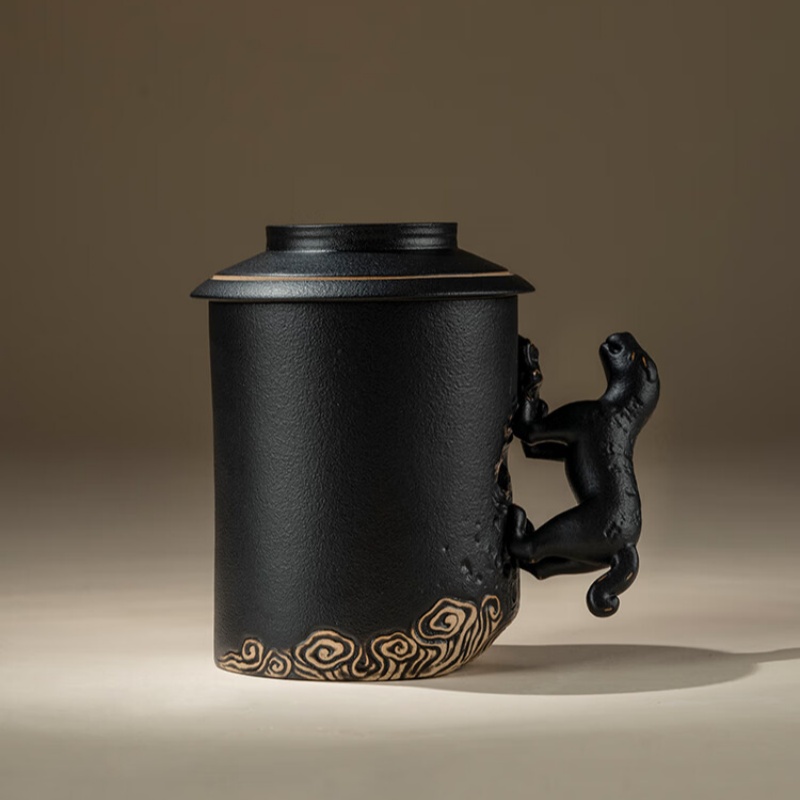 万仟堂高档办公杯 陶瓷杯男士水杯 杜虎杯黑铁釉300cc