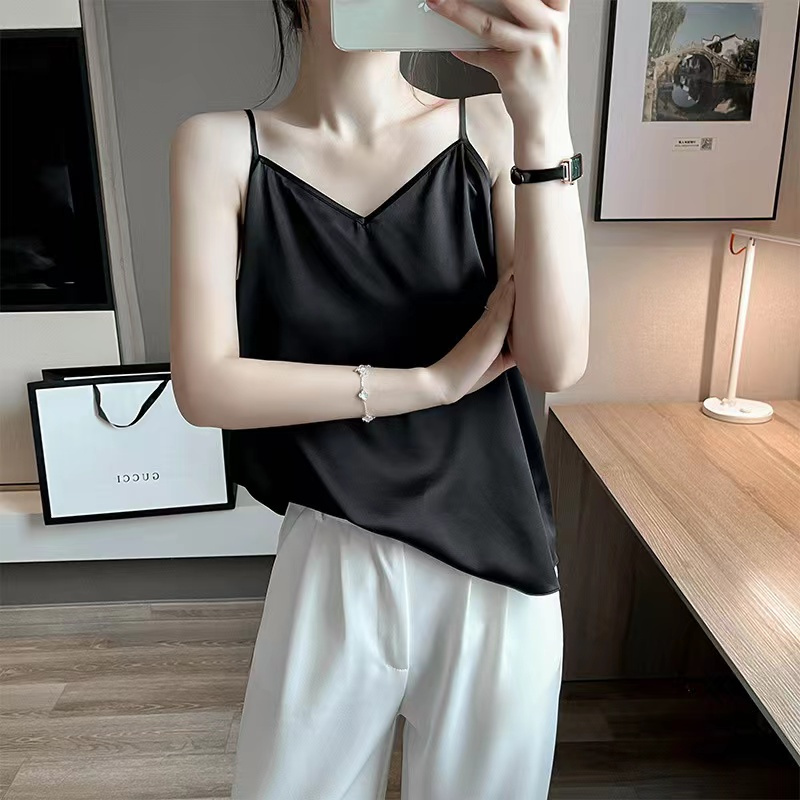 法式真丝素绸缎v领吊带无袖小背心夏季外穿内搭宽松打底衫