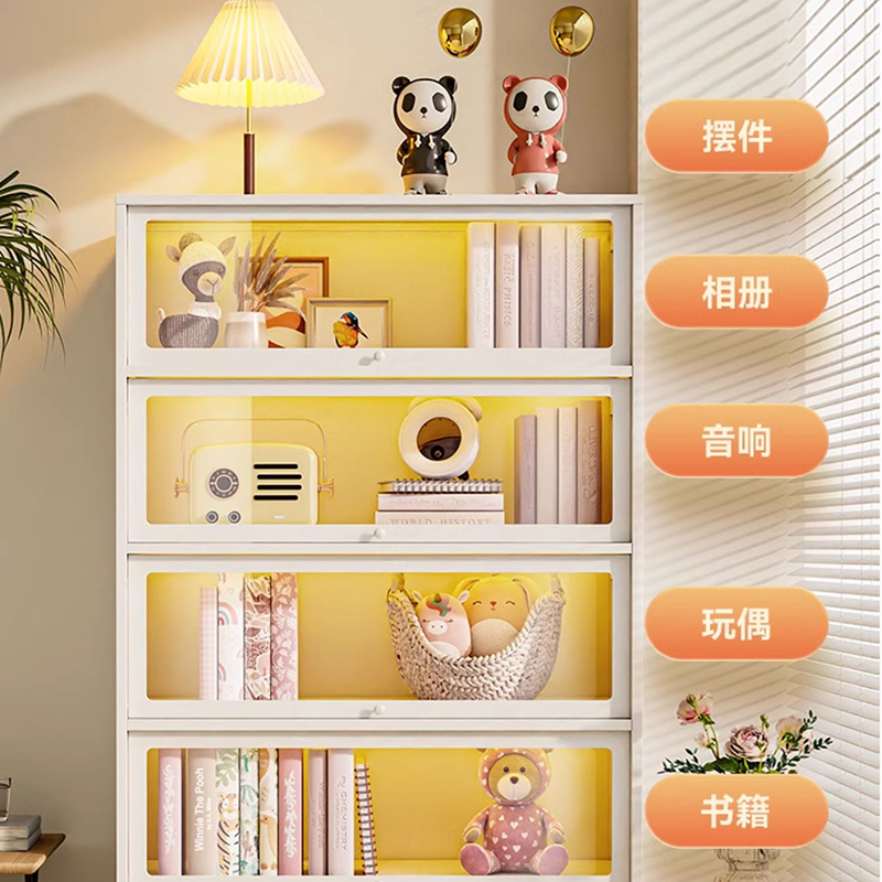 钢制书柜带玻璃门儿童书架家用客厅储物柜防尘展示柜铁艺置物架高清大图