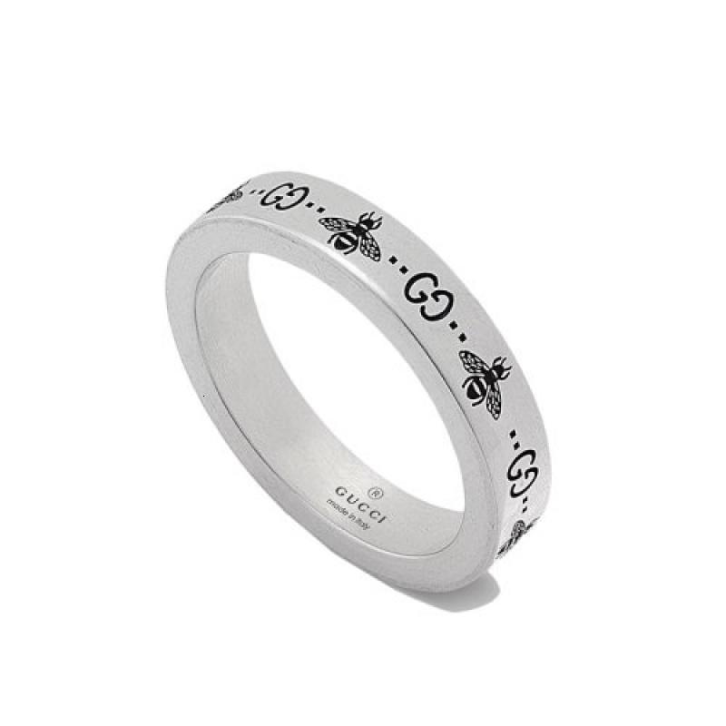 gucci古驰22新款男女同款925银gg蜜蜂刻花窄版宽4毫米戒指指环60