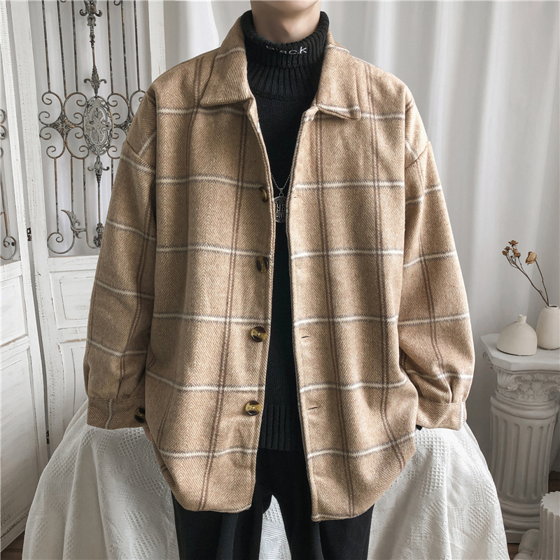 yuansu男士毛呢外套短款格子大衣冬季加厚韩版潮流帅气休闲宽松呢子