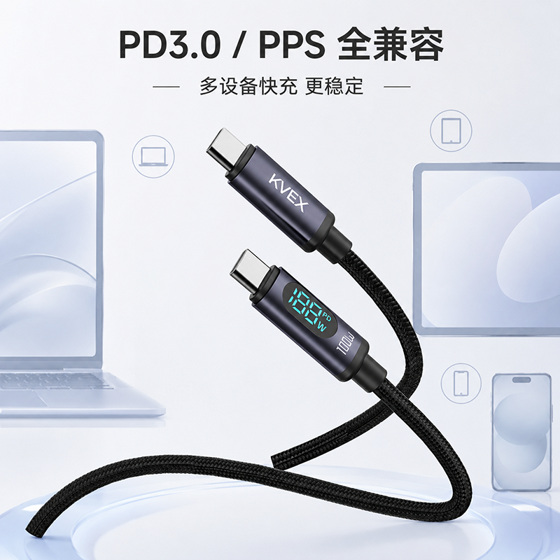 克维杰 曜系列 100W C To C 数显编织数据线 黑色 1M KV-CC10D高清大图