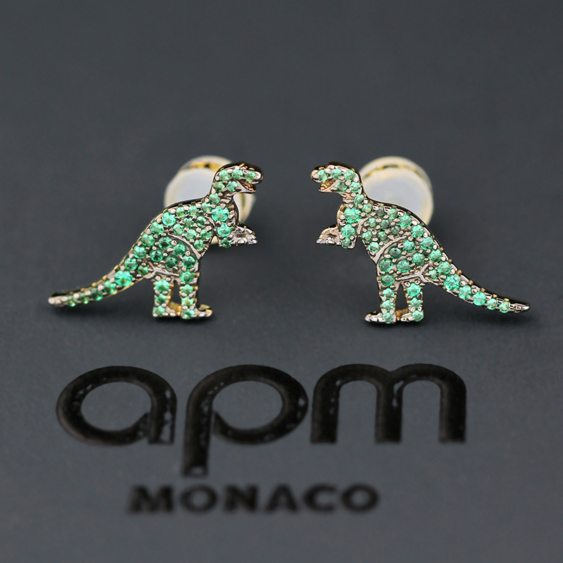 [apm MONACO]925银耳饰恐龙耳钉女士薄荷绿土豪金两色穿孔饰品镶晶钻个性动物耳环欧美风格