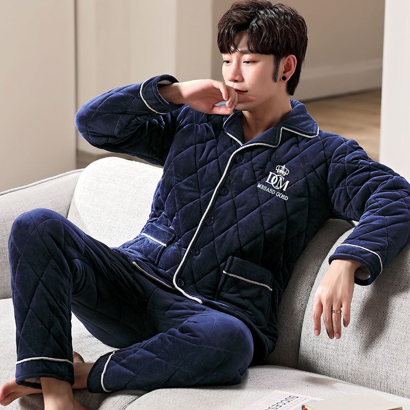 黛兰雪依睡衣男秋冬珊瑚绒加绒加厚三层夹棉法兰绒棉袄青年大码家居服