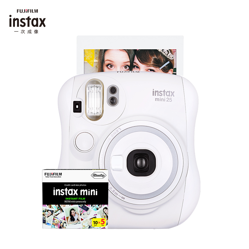 富士(FUJIFILM)INSTAX 拍立得 相机 一次成像 mini25白色套装 胶片相机 含50张富士小尺寸胶片