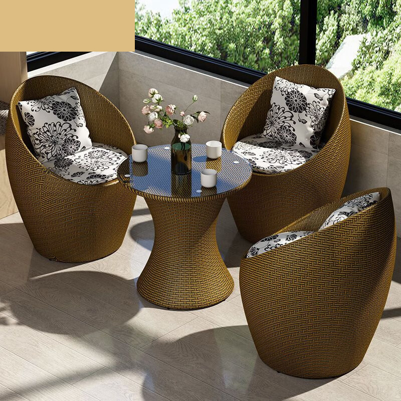 藤椅三件套阳台小桌椅一桌两椅茶几组合庭院户外休闲 鸟巢3椅+1桌[金色]高清大图