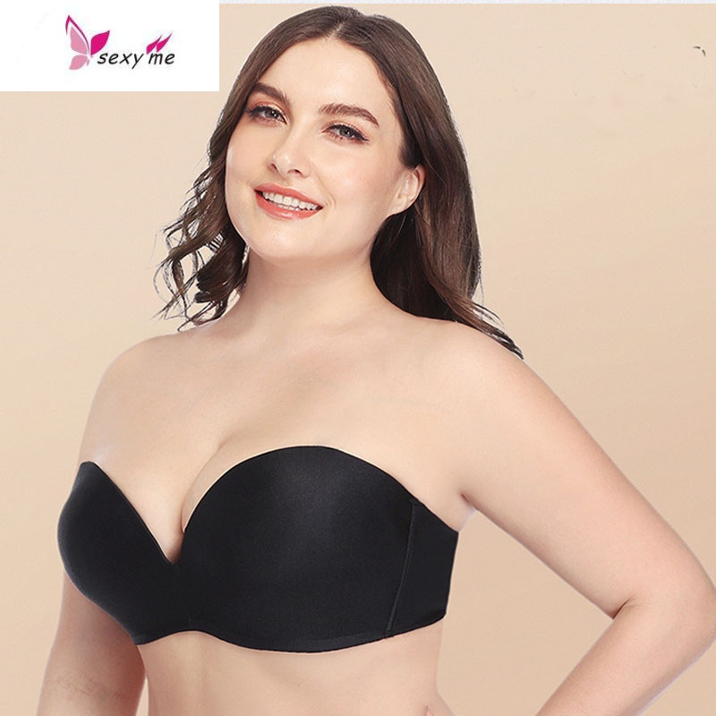 大码无肩带内衣防滑聚拢薄款胸罩隐形文胸大胸防下垂胖mm胸贴抹胸 FISH BASKET胸罩