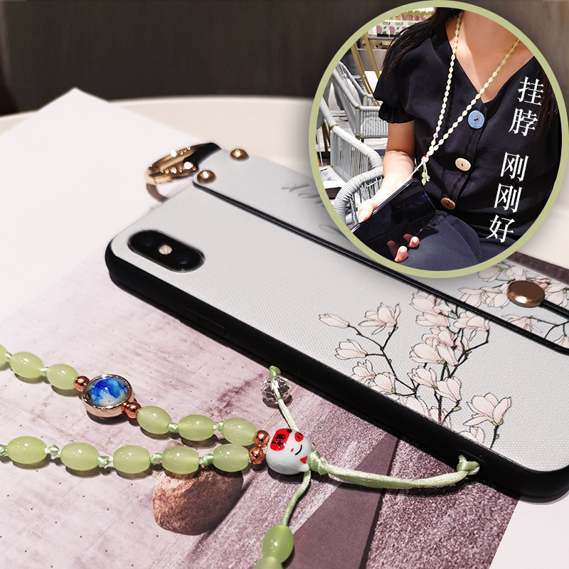 火豹手机挂绳女款挂脖手工编织中国风翡翠玉吊坠挂饰水晶珠子手腕苹果x华为oppo挂件vivo吊绳防丢 长款[红色]手机挂饰