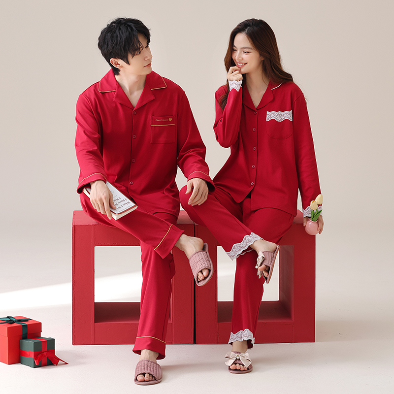 浪莎红色睡衣春秋2025新款结婚情侣套装纯棉长袖新婚喜庆家居服HJ 9018男 XL
