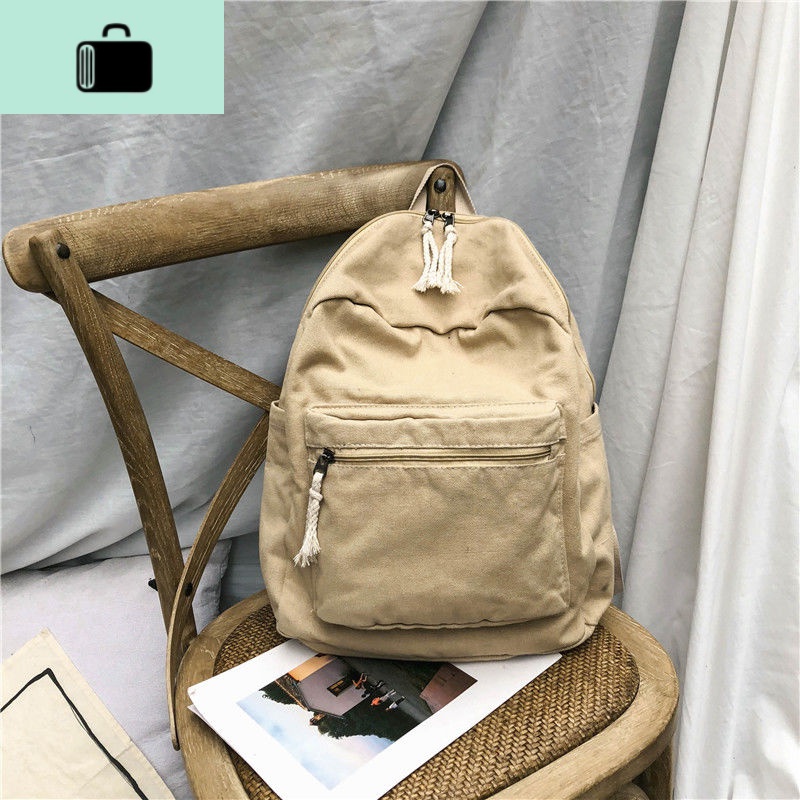 森系复古文艺水洗帆布书包女韩版ulzzang高中大学生小清新双肩包NEWLAKE 纯色-卡其（水洗帆布）