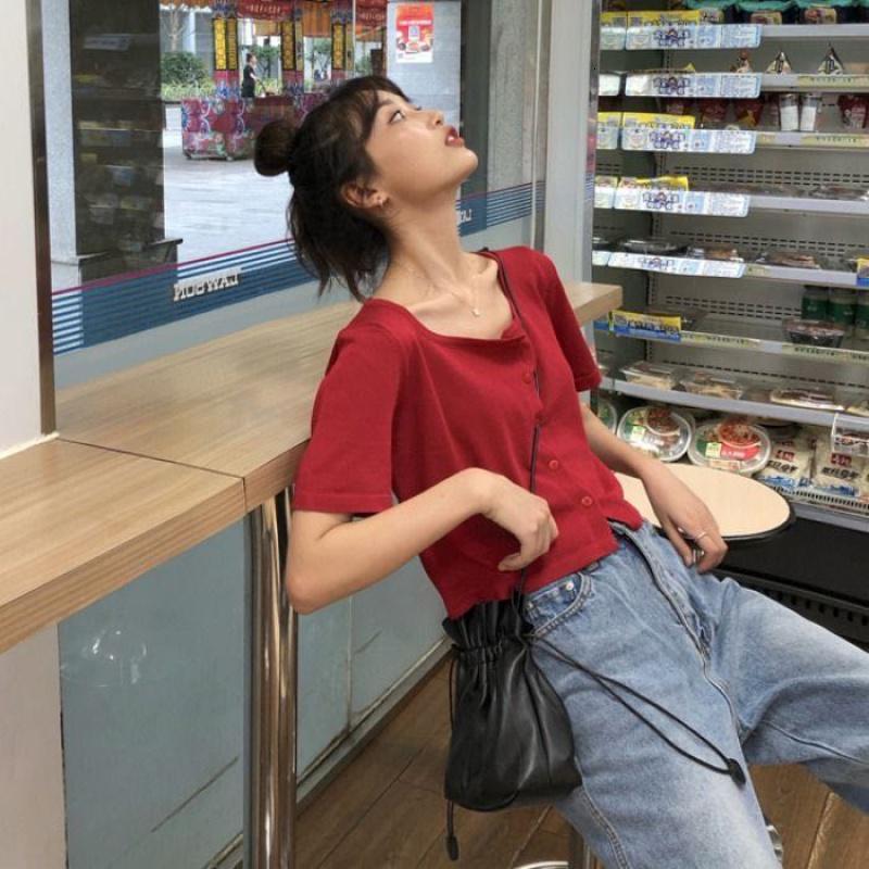055韩版小清新宽松方领短袖上衣女显瘦短款露脐开衫上衣潮