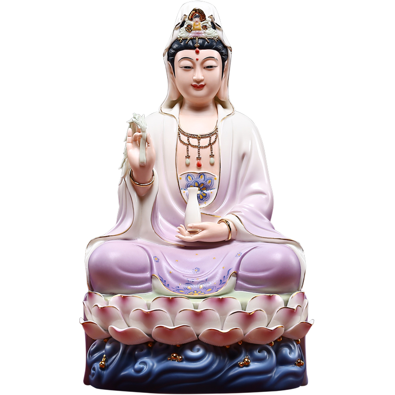 陶瓷观音菩萨佛像家用供奉客厅佛摆件坐莲观世音菩萨微笑观音 三维工匠 16寸三莲慈祥观音兰衣小花C05-313B高清大图