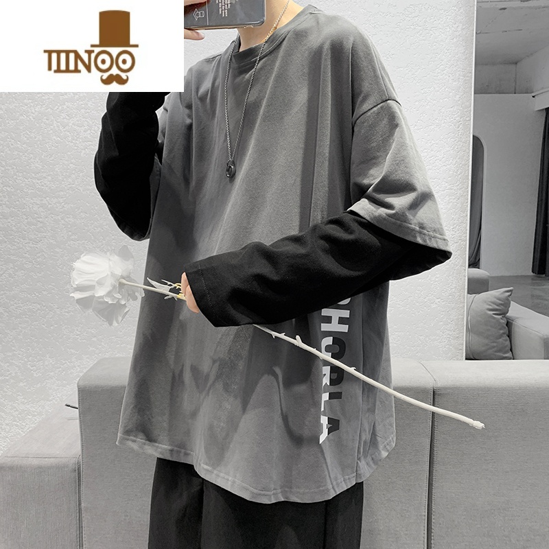 YANXU男装潮流假长袖T恤男韩版潮牌字母撞色宽松休闲N恤T宽高清大图