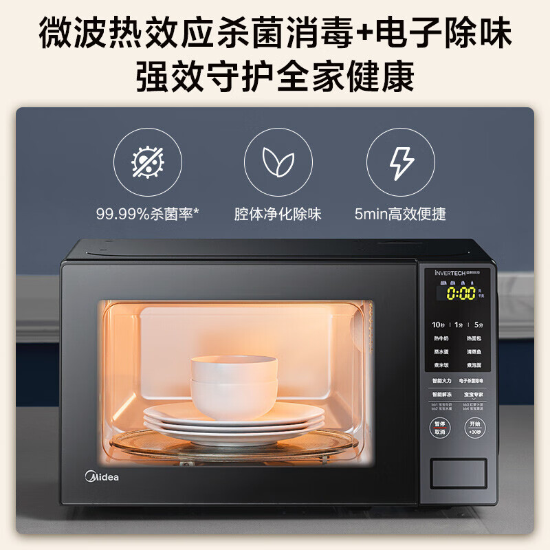 美的 家用变频微波炉 800W变频智能解冻 转盘加热 智能菜单 杀菌功能 20升 一级能效 PM20M1 【黑色】