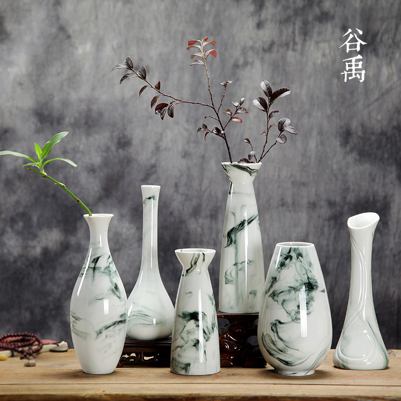中国风小清新陶瓷花瓶摆件客厅插花装饰品家居创意中式水培干花器 三维工匠 扶风瓶/水墨高清大图