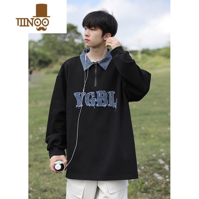 YANXU牛仔polo衫卫衣男美式高街潮牌休闲宽松学院风翻领外套 黑色 XL
