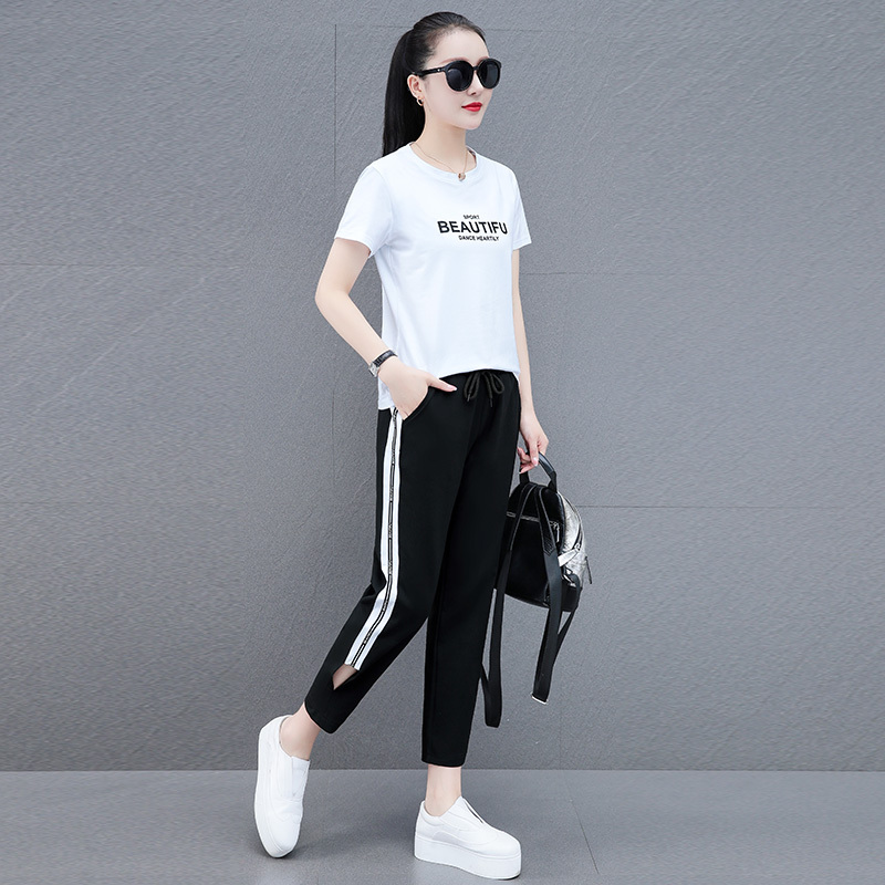 真维斯短袖休闲运动套装夏季新款女洋气宽松减龄T恤九分裤两件套
