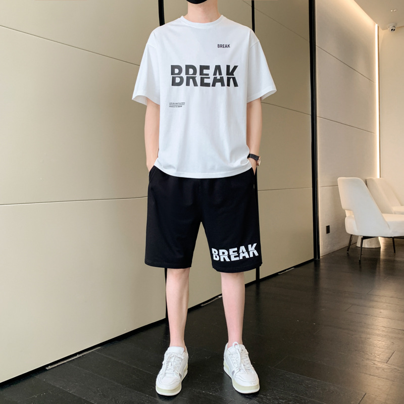 啄木鸟冰丝套装男士夏季薄款运动短袖t恤一套搭配五分休闲短裤男 0852白色 M90-115斤可穿