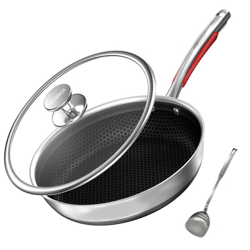 康巴赫(KBH)煎锅悦厨款不粘锅316L不锈钢平底锅少油烟煎盘煎牛排锅双面花纹煎锅28cm+钢铲