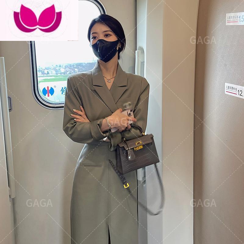 七斓时尚套装女2023春季新款薄款高级感西装外套高腰开叉半身裙款 L 灰豆绿送胸针