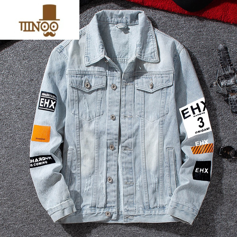 yanxu秋季牛仔夹克男士韩版修身棒球服潮流男装款衣服薄款牛仔外套