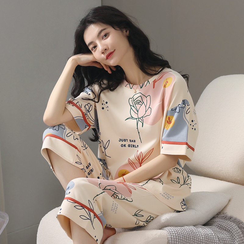 花花公子休闲纯棉短袖少女睡衣可爱家居服套装夏季薄款全棉宽松女士可