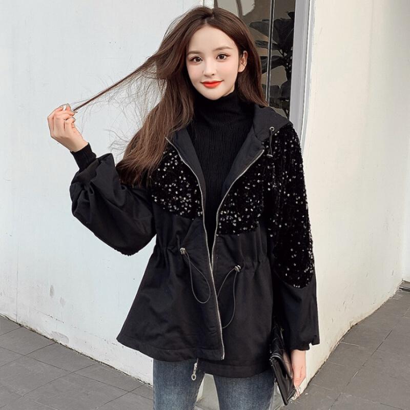 迪鲁奥（DILUAO)40岁50岁妈妈穿的衣服小个子风衣外套秋冬2021年新款韩版亮片收腰_685 2XL 黑色加绒