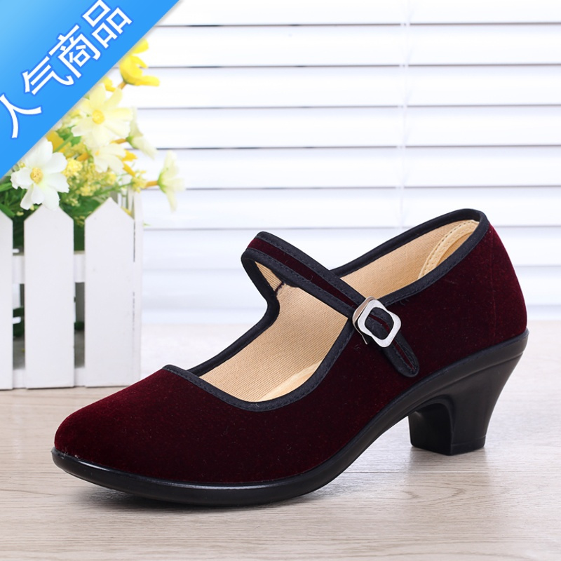 SUNTEK女广场舞蹈鞋绒面高跟礼仪鞋工作鞋透气轻底黑平绒单鞋