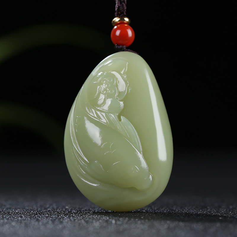 [荷塘鱼趣]新疆和田玉吊坠玉佩青黄玉莲花鱼挂件天然玉石黄口料