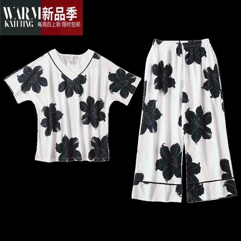 SHANCHAO2023年新款女士睡衣夏季薄款短袖天七分裤家居服套装