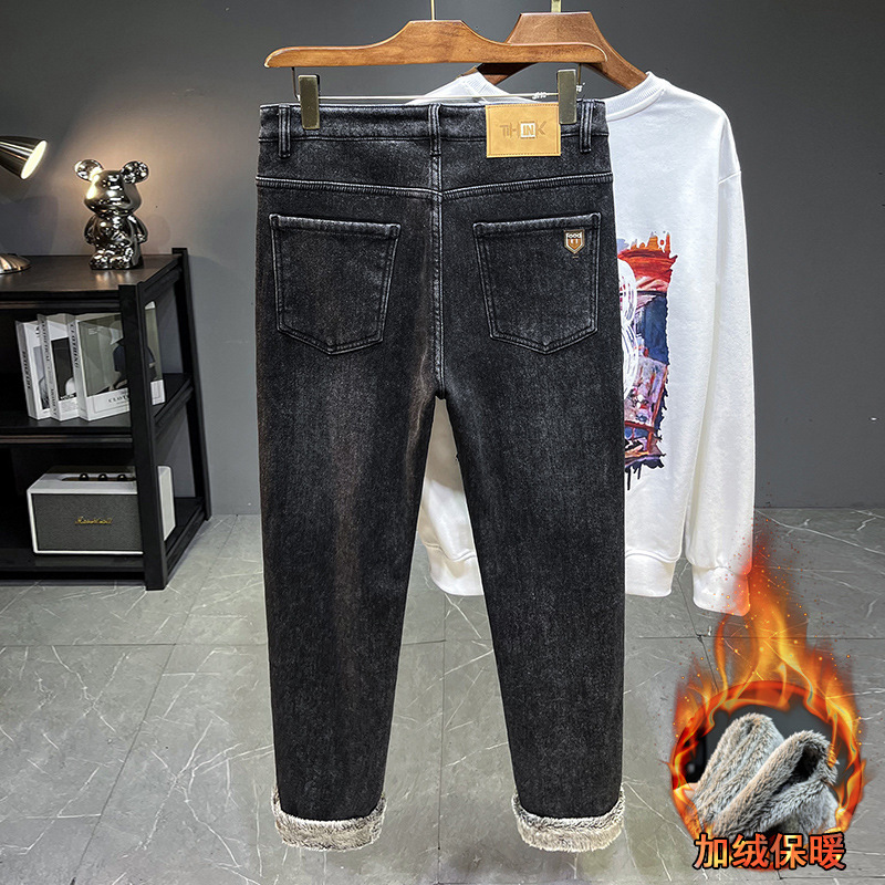雪狐绒加绒牛仔裤男柔软一体绒修身弹力保暖厚款男裤高端高清大图