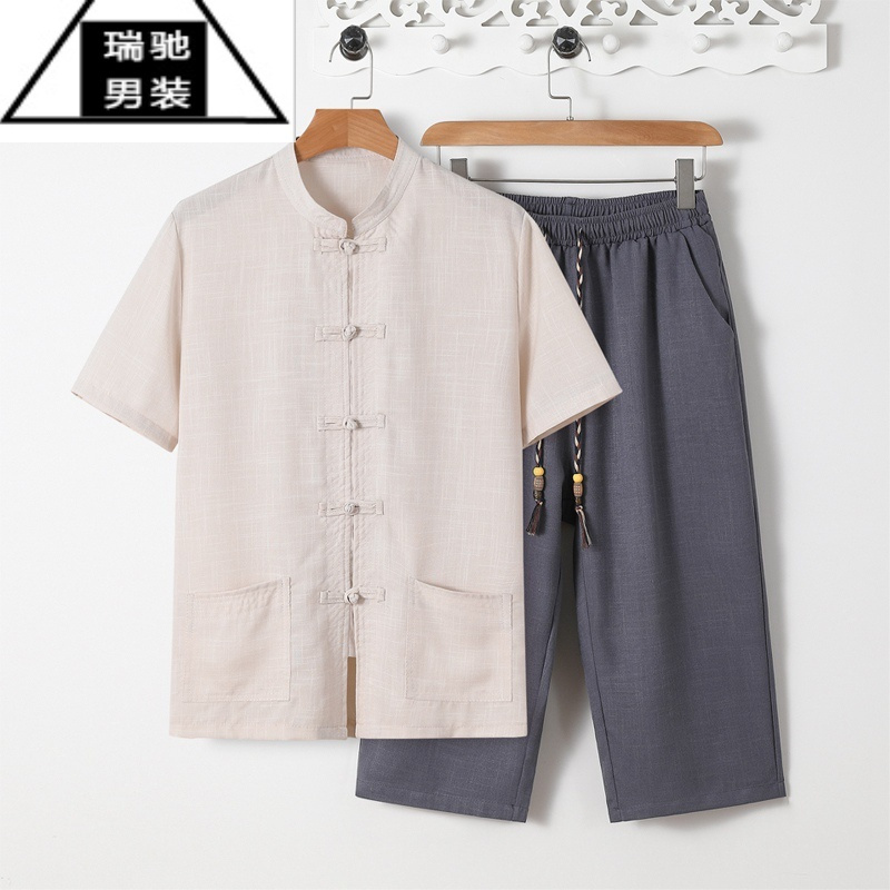 希杰狮王唐装男夏季中老年棉麻爸爸夏装短袖开衫中国风亚麻爷爷七分裤