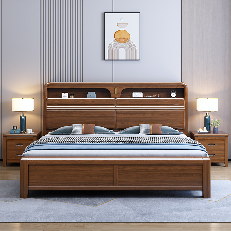 景山百岁 胡桃木色新中式实木床 现代简约主卧双人床家用卧室高箱储物床高清大图