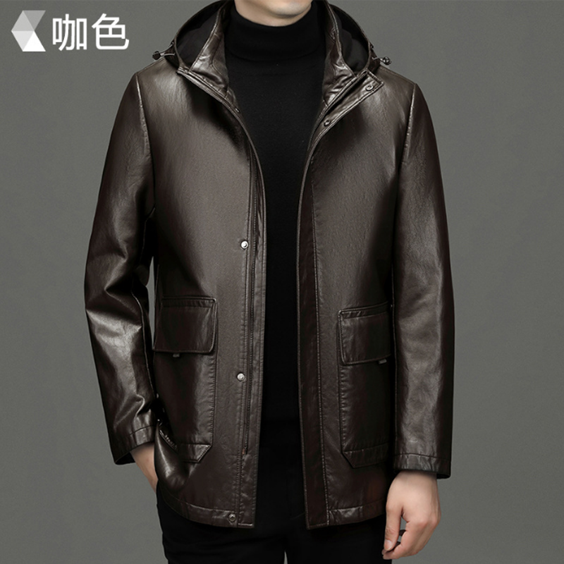 2022高端中年男士连帽超纤真皮羽绒服中长款可脱卸白鸭绒内胆外套
