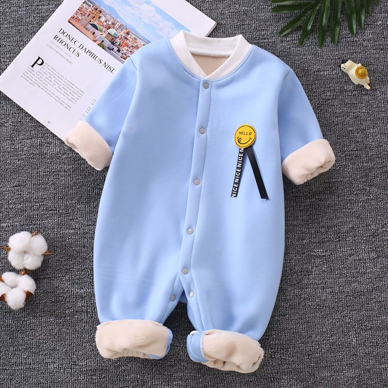 婴儿连体衣加绒加厚秋冬宝宝哈衣爬服新生幼儿保暖衣服睡衣0到3月 拉绒连体衣蓝色 59码[0-2个月]