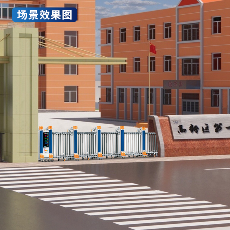 CJ-SSM025智能不锈钢伸缩门学校小区工厂电动大门推拉门商业办公大门酒店家具电动门高清大图