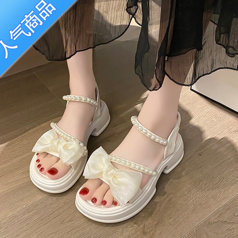 SUNTEK高级感凉鞋女2023夏季新款厚底外穿中粗跟珍珠配裙子时尚百搭女鞋高清大图