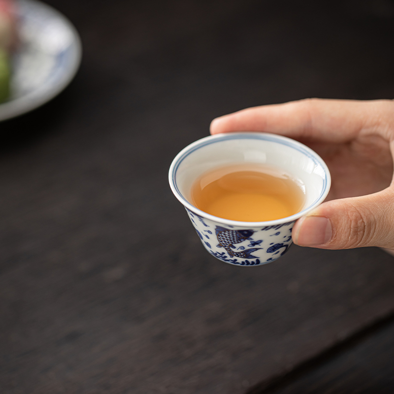 苏氏陶瓷(SUSHI CERAMICS)柴窑青花描金鱼藻纹盖碗旅行便捷茶具非遗大师苏爱珍作品