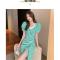 抽绳连衣裙女夏2021新款设计感小众侧开叉气质修身显瘦短袖中长裙 绿条纹 M 80-100斤