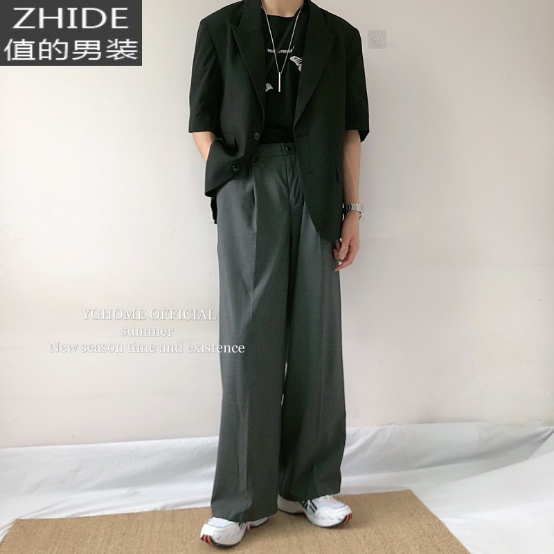 SUNTEKyghome坠感阔腿裤男直筒宽松韩版休闲冰丝薄款西裤港风百搭拖地裤西裤高清大图