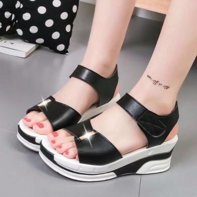 黑色 35 平底女凉鞋百搭学院风时尚露趾魔术贴中跟鞋鱼嘴坡跟松糕底罗马鞋